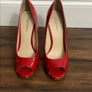 Red Patten Leather Zigisoho Peep Toe Pumps